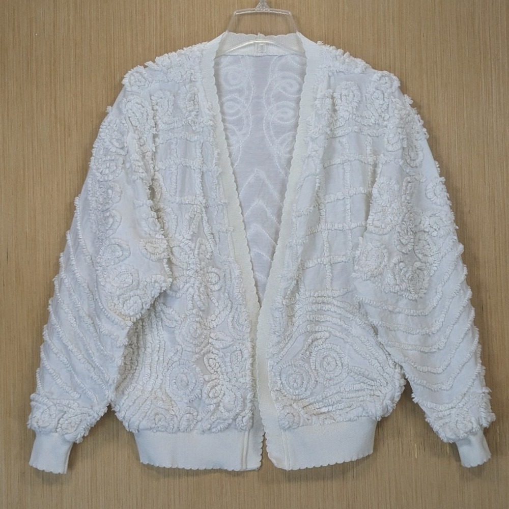 Sweater Cardigan Women's Medium White Chenille‎ Textured Oversized Retro Boho